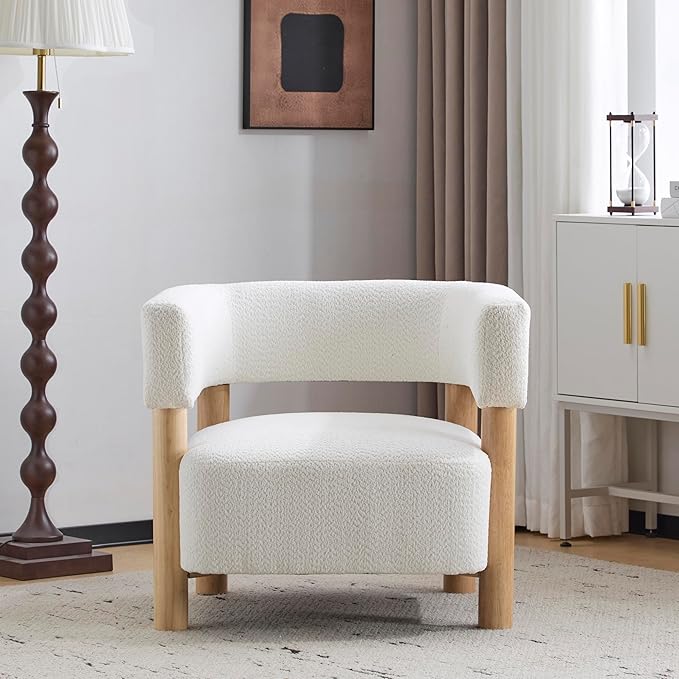 Christopher Knight Home Carly Low Profile Accent Chair, Round Backrest Side Chair, Living Room Armchair with Boucle Fabric Cushion, Comfy Reading Chair for Bedroom, Wooden Single Lounge Sofa, White