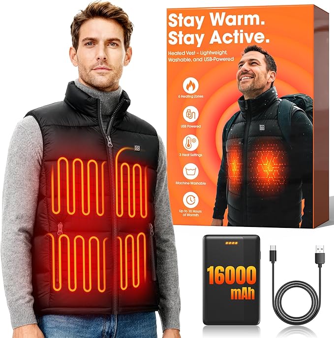 qsvgms Heated Vest for Men, Heated Jacket with 7.4V 16000mAh Battery Pack, Lightweight Rechargeable Heated Vest for Hunt C...
