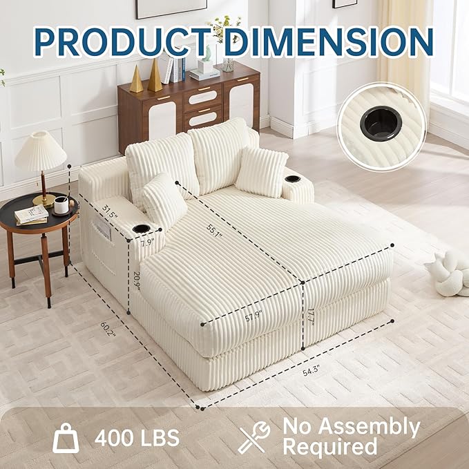 Asukale 60" Oversized Chaise Lounge Chair Indoor, Boneless Cloud Chair Bed with 4 Pillows & Armrests, No Assembly Corduroy Upholstered Sofa for Living Room, Bedroom, Apartment(Beige)