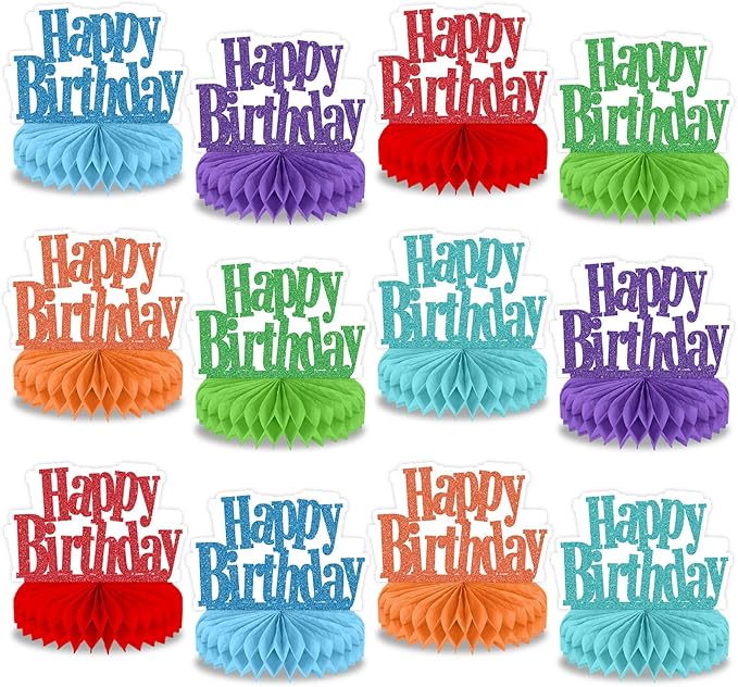 12Pcs Happy Birthday Centerpieces Colorful Birthday Party Decorations Glitter Happy Birthdays Table Honeycomb Centerpieces...