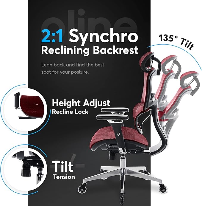 Oline ErgoPro Ergonomic Office Chair with 4D Adjustable Armrest, 3D Lumbar Support and Blade Wheels - Mesh Computer Gaming Rolling Desk Executive Swivel Home Chair (Burgundy Red)