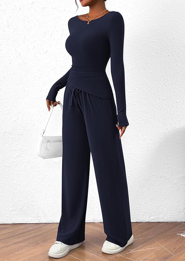 PRETTYGARDEN Women's 2 Piece Lounge Sets Asymmetrical Long Sleeve T Shirt Wide Leg Pants Casual Outfits Tracksuit
