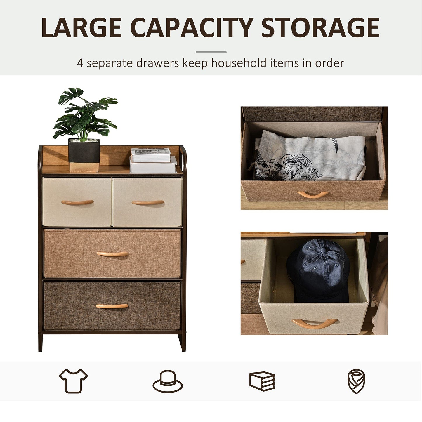 HOMCOM 4-Drawer Dresser, Fabric Chest of Drawers, 3-Tier Storage Tower with Steel Frame and Wooden Top for Bedroom, Nursery Room, Multicoloured