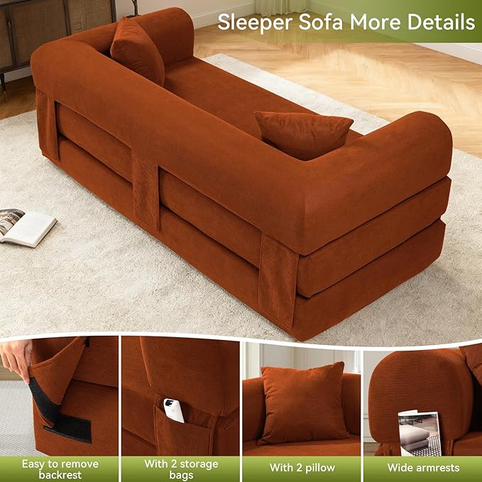 GJQ Convertible Futon Sofa Bed,80" Folding Pull Out Couch Bed with Storage,Queen Sleeper Sofa Bed,Compressed Couch in a Box,Corduroy Boneless Couches for Living Room,Orange