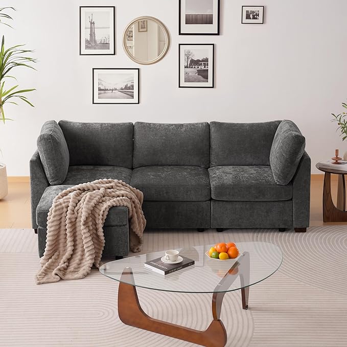 TEKAMON 96" Modular Sectional Sofa with Ottoman,Large Comfy Cloud Deep Seat, Reversible Chaise Modular Sectional Couches for Living Room and Apartmenr,Grey 3steaer