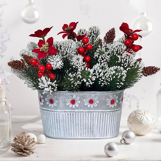 Christmas Centerpiece Table Decorations Artificial Norfolk Pine Branches with Poinsettia Flowers, Pine Cones & Berries in ...