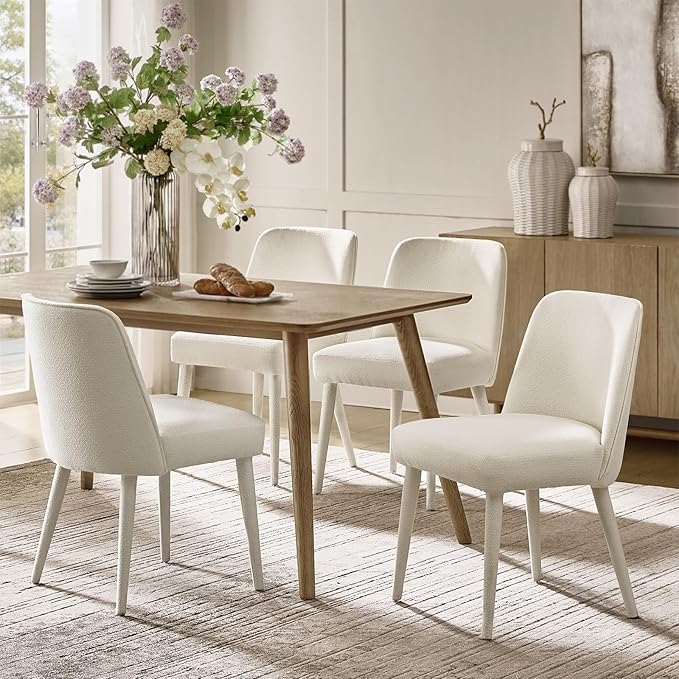 HULALA HOME Modern Dining Chairs Set of 4，White Fully Chenille Upholstered Dining Room Chairs Set with Foot Peg, Wood Frame, Armless Kitchen Accent Chairs for Living Room Bedroom Reception - Ivory