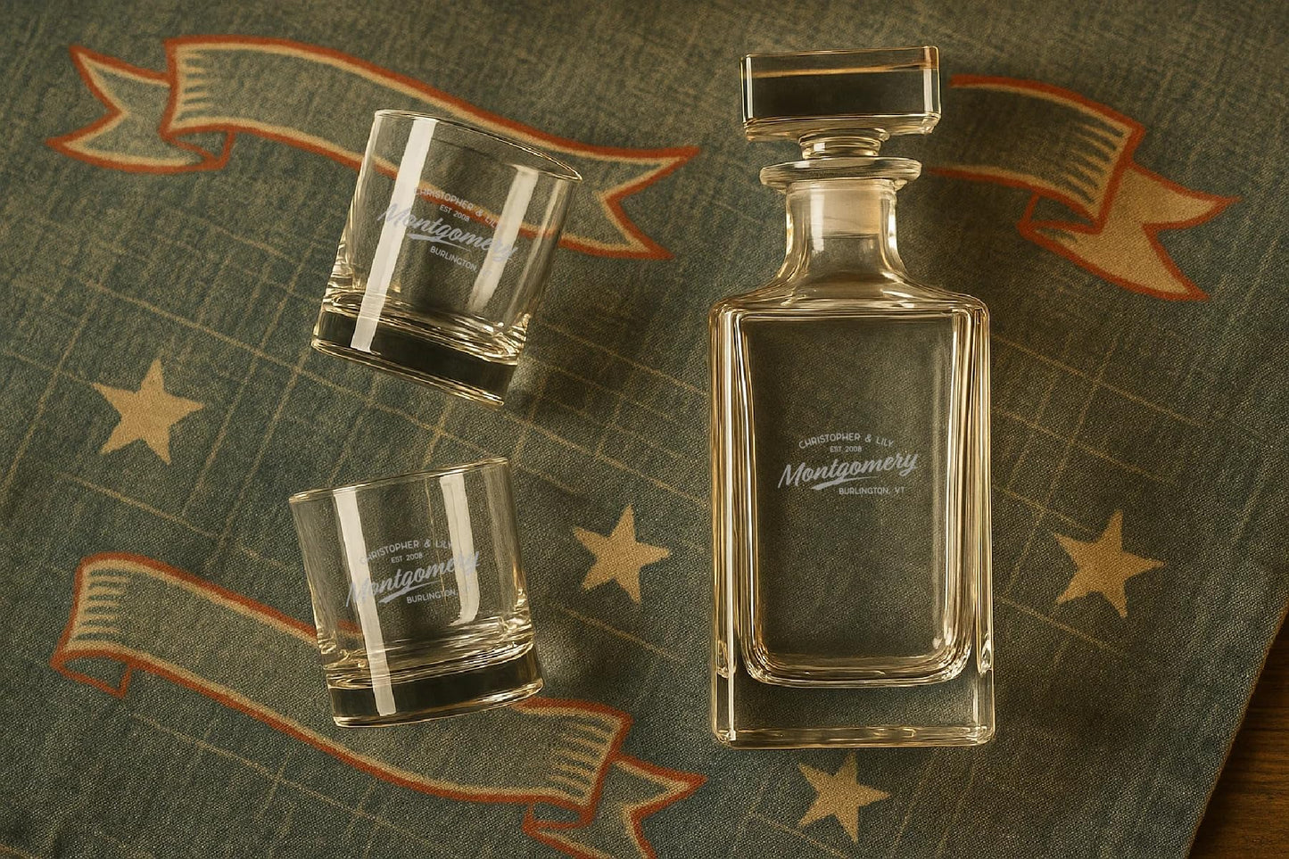 Personalized Whiskey Decanter & Glassware Gift Set – Custom Monogram Decanter with Rocks Glasses & Coasters – Premium Lead-Free Glass – Gift for Men, Groomsmen, Father’s Day, Retirement