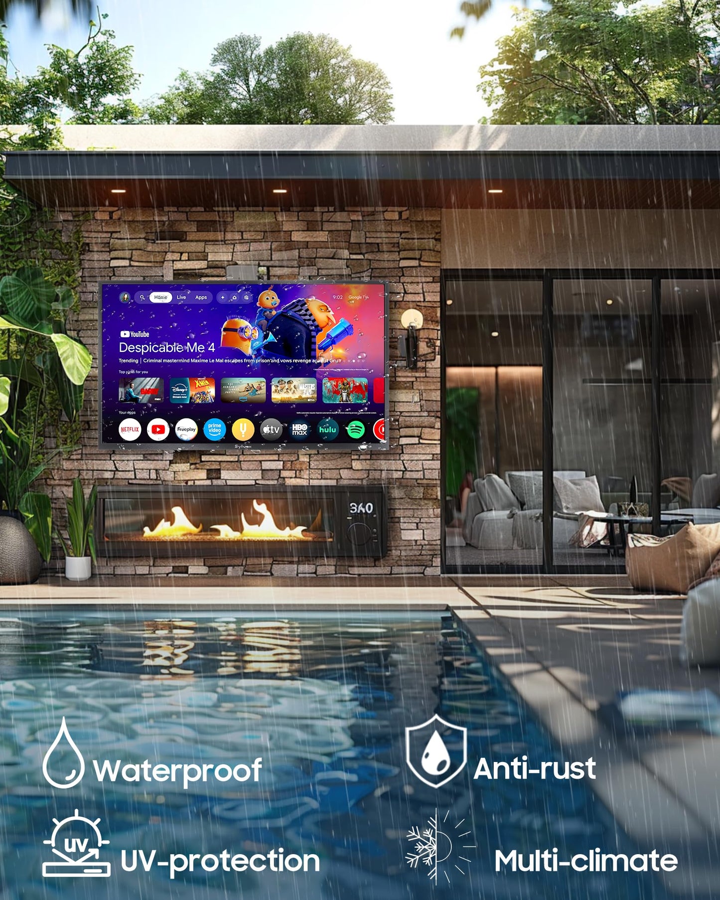 SYLVOX Outdoor TV, 75 inch 2000 Nit High Brightness Smart TVs, 4K Sunlight Readable Display, IP56 Waterproof, Smart TV for Outdoor Households or Commercial Places (Pool Pro 3.0)