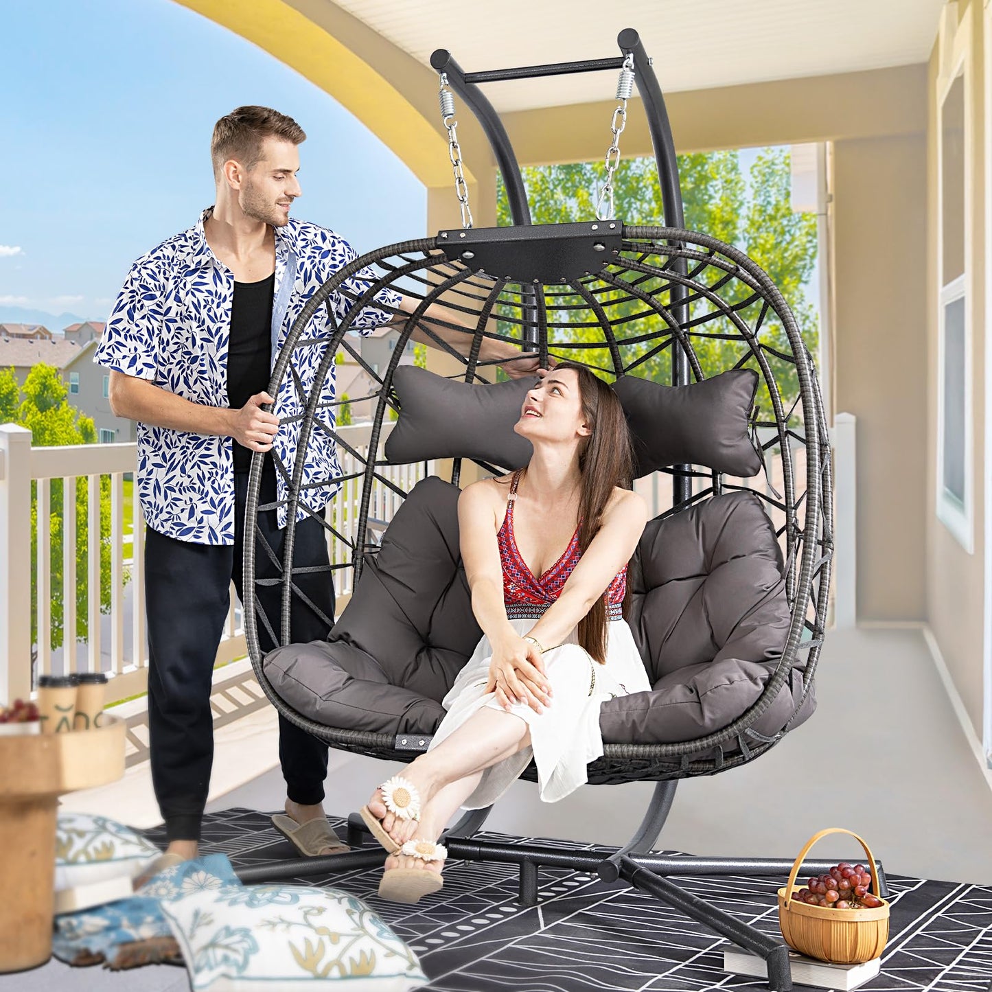 BLUEXYARD Extra Large Double Hanging Egg Chair with Stand, 2 Person Outdoor Indoor Swing Chair, 700 Lbs Heavy‑Duty Wicker Hammock Loveseat with Cushion for Patio Balcony Backyard, Dark Gray