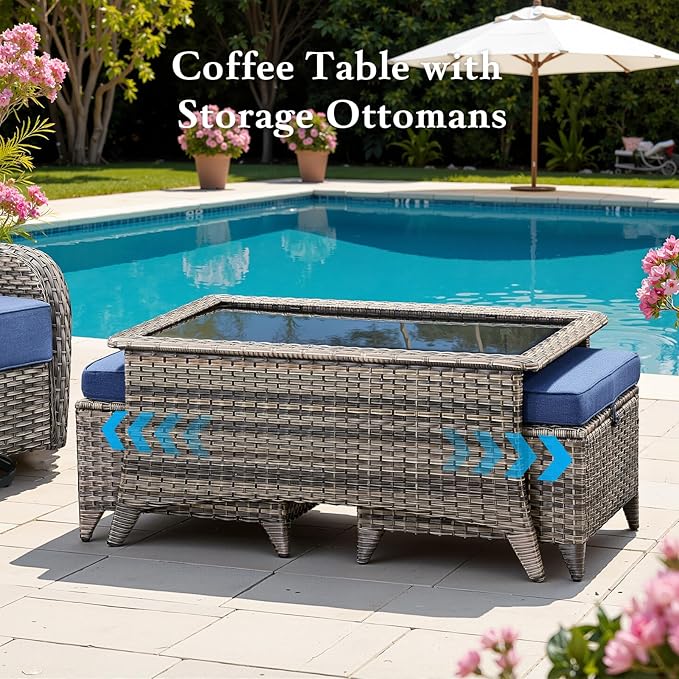 Belord Luxury 6" Thick Cushioned 11 Pieces Patio Furniture Set with Outdoor Couch, Wicker Outdoor Conversation Set with High Back Swivel Rocker Chairs for Deck Porch Yard and Poolside - Grey+Blue