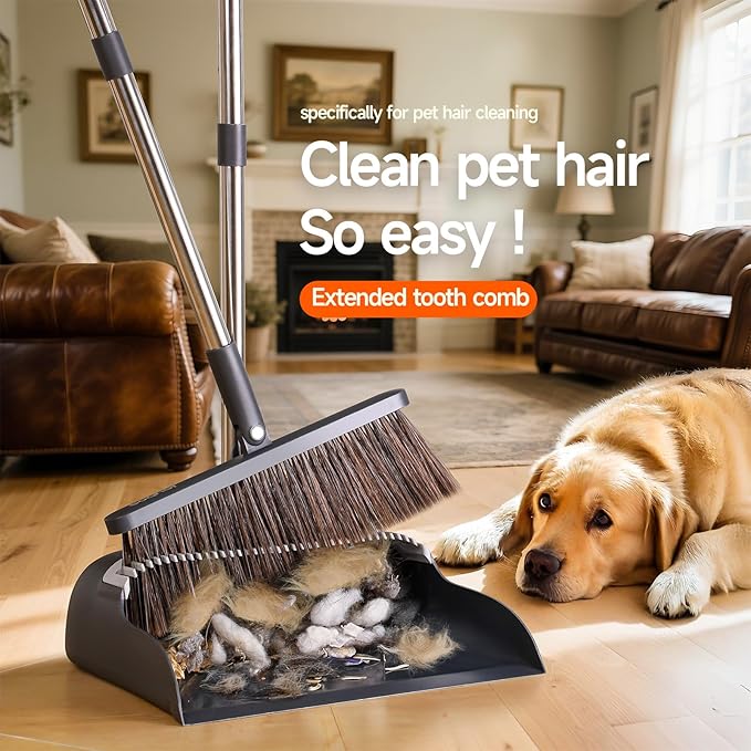 CTIME Broom and Dustpan Set, Extra Brush Head & 51.6" Adjustable Long Handle Standing Dustpan Set, with Dust Pan Teeth to Clean Pet Hair, Easy Sweeping Suitable for Home Kitchen Office Lobby