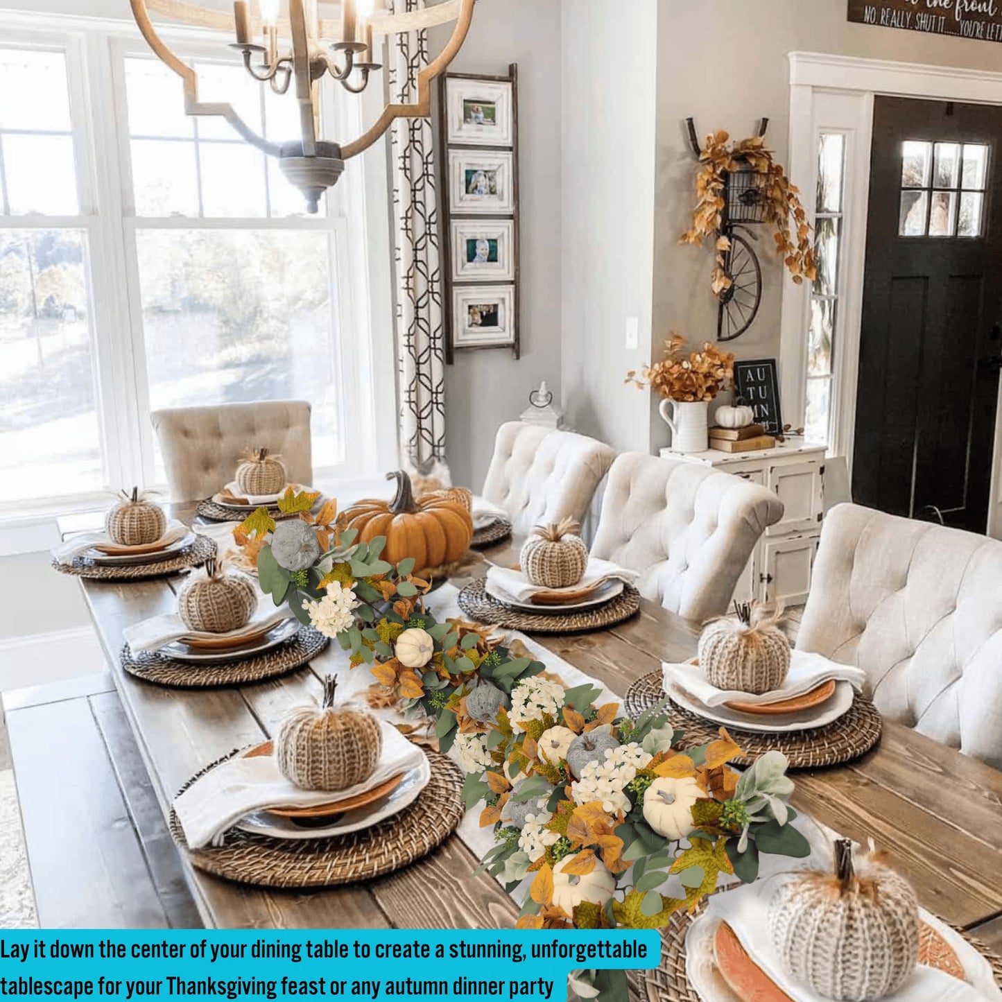 Fall Pumpkin Garland 60 Inch (5 Ft), Quixem Autumn Eucalyptus & Lambs Ear Garland with White Hydrangea Accents, for Thanksgiving Halloween Mantel Decor Table Centerpiece Home Wall Farmhouse Indoor