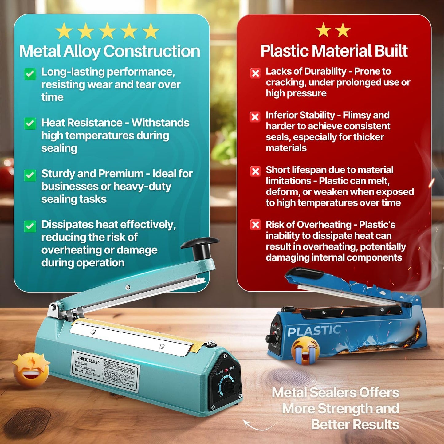 Flexzion Impulse Sealer 8 Inch (200mm) 300W Heat Sealer Machine with Adjustable Heating Mode, No Warm Up Needed, Portable Bag and Seal Impulse with Replacement Element Grip and Teflon Tape