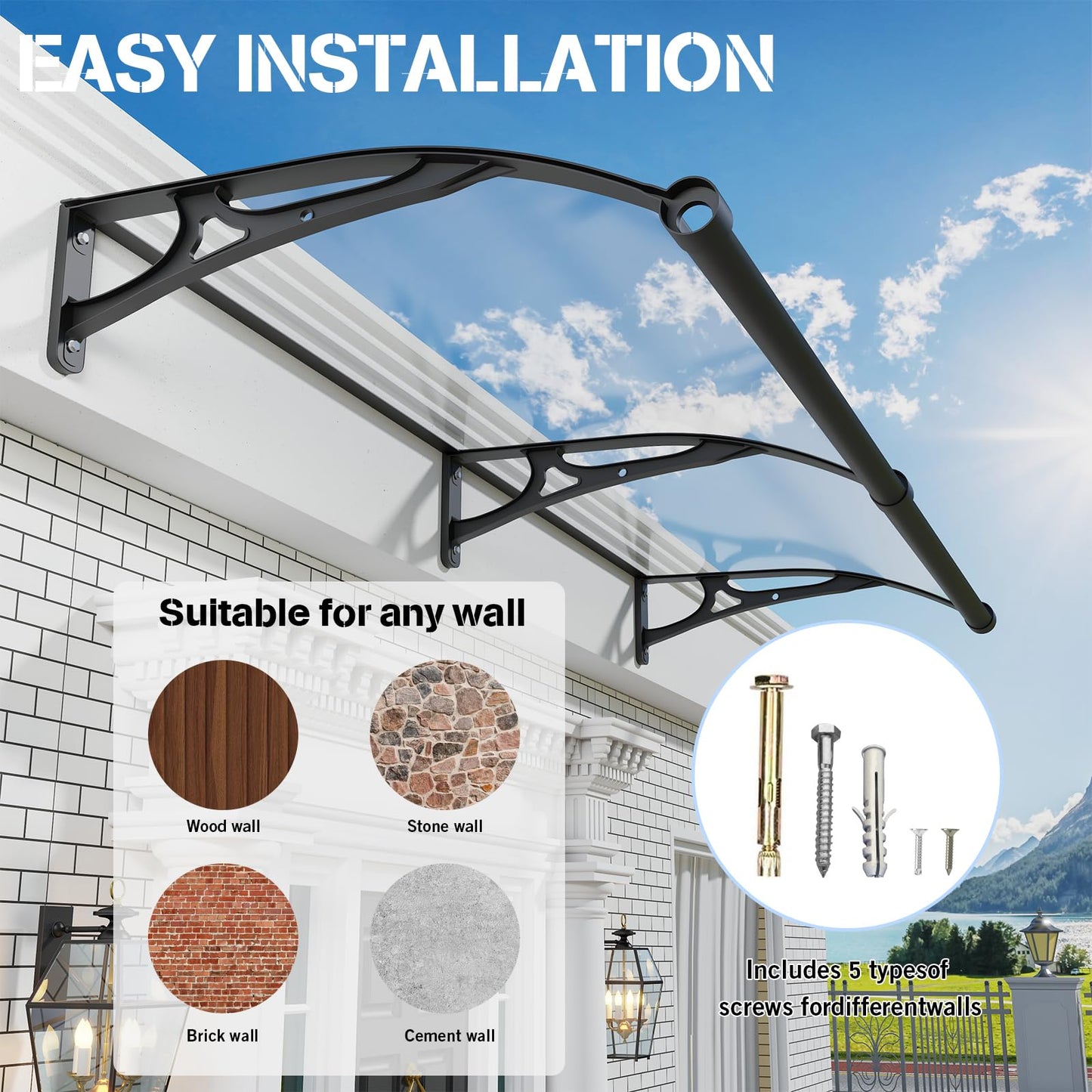 Awning for Door Entrance,40x80 Inch Awnings for Doors with Drainage Sink,Window Canopy Exterior with Aluminum Alloy Bracket,Solid Polycarbonate Cover,UV,Rain,Snow Protection for House,Porch,Patio,Deck