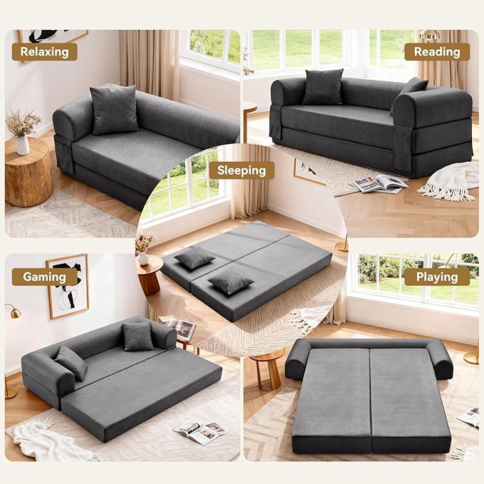GJQ Convertible Sleeper Sofa Bed,78.5 Inch Faux Leather Futon Couch with Pillows & Storage Pocket,5-in-1 Folding Sofa Bed Queen with Pull Out Beds,Boneless Couches for Living Room,Couch in a Box,Gray