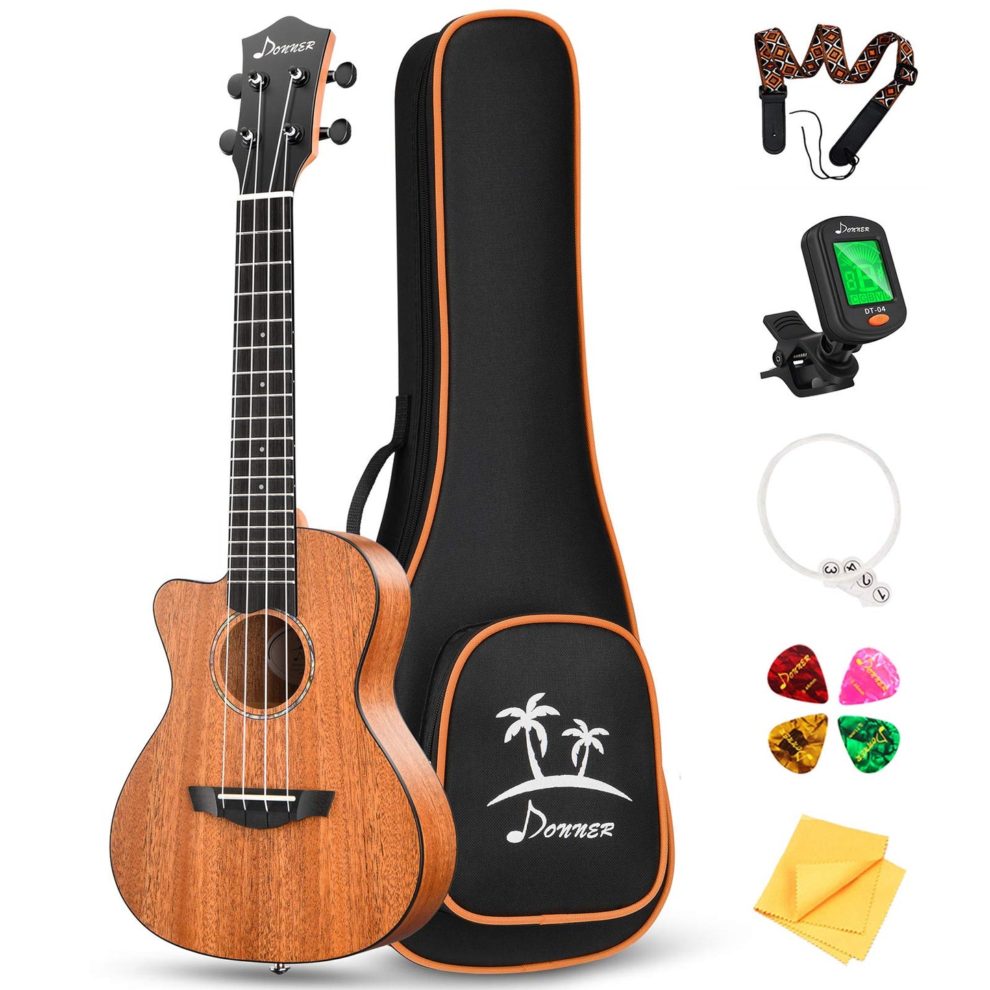 Donner Left handed Concert Ukulele Mahogany 23 Inch Professional Cutaway Ukelele Bundle Kit for Beginner Adults with Gig Bag Str