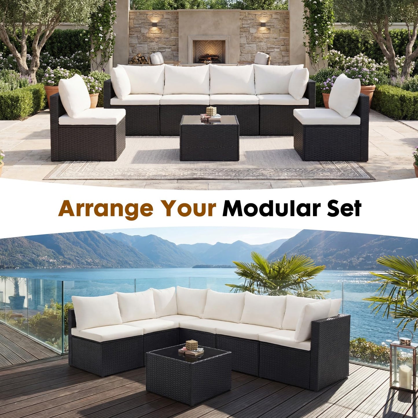 DUMOS 7 Piece Outdoor Patio Sectional Sofa, Modular Wicker Furniture Set with 2.8" Thick Cushions, Adjustable Feet, Weather-Resistant Rattan Outdoor Couch for Backyard, Deck, Garden, Poolside, Black