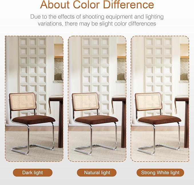Zesthouse Rattan Dining Chairs Set of 6, Mid Century Modern Dining Room Chairs with Natural Cane Mesh & Chrome Base, Brown Cesca Chair Chenille Fabric, Farmhouse Kitchen Chair with Solid Wood Back