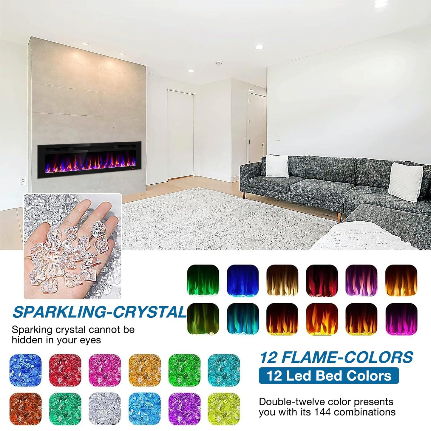 50 Inch Electric Fireplace Recessed and Wall Mounted, Fireplace Heater and Linear Fireplace, Ultra-Thin Electric Fireplace, Low Noise, with Timer, Remote Control, Adjustable 12 Flame Color, 750/1500W