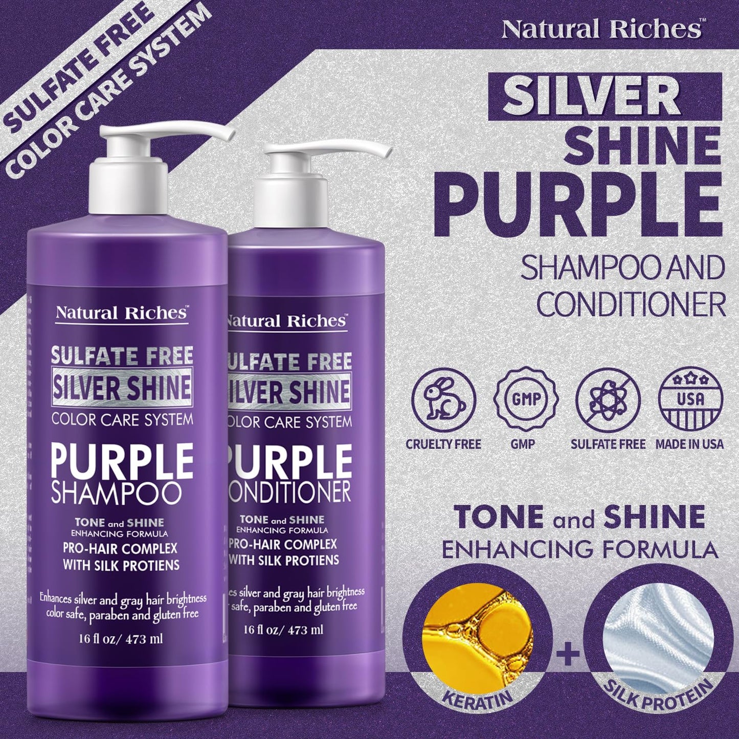 Natural Riches Radiant Silver Shine Purple Shampoo and Conditioner Set for Gray Hair - Paraben-Free and Color Safe - With Silk P