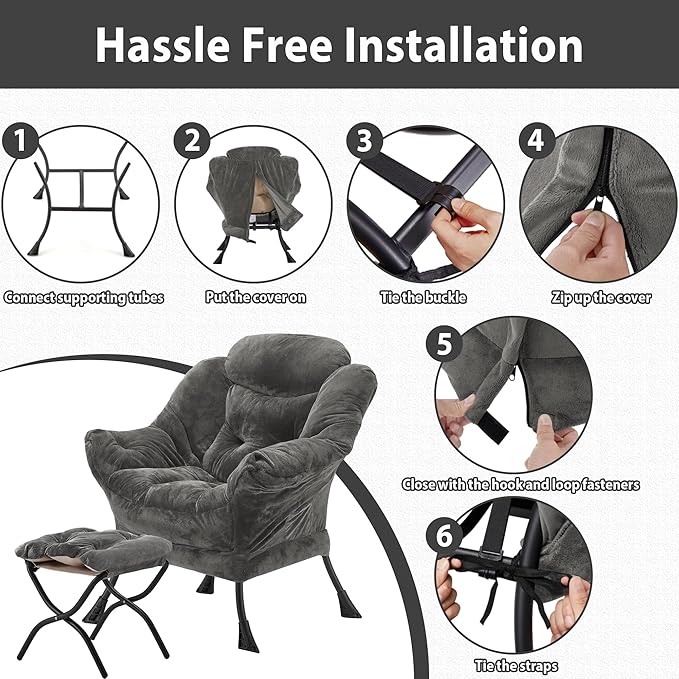 Youtanic Lazy Chair with Folding Ottoman, Accent Chair Plush Upholstered with Metal Structure and Non-Slip Pads, Sofa Armchair with Footrest and Side Storage Bag for Dorm, Room, Office, Dark Gray