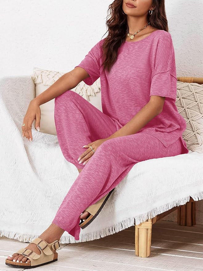 Tankaneo Women's 2 Piece Travel Outfits Casual Short Sleeve Knit Sweater Set Wide Leg Pants Lounge Sets Tracksuit