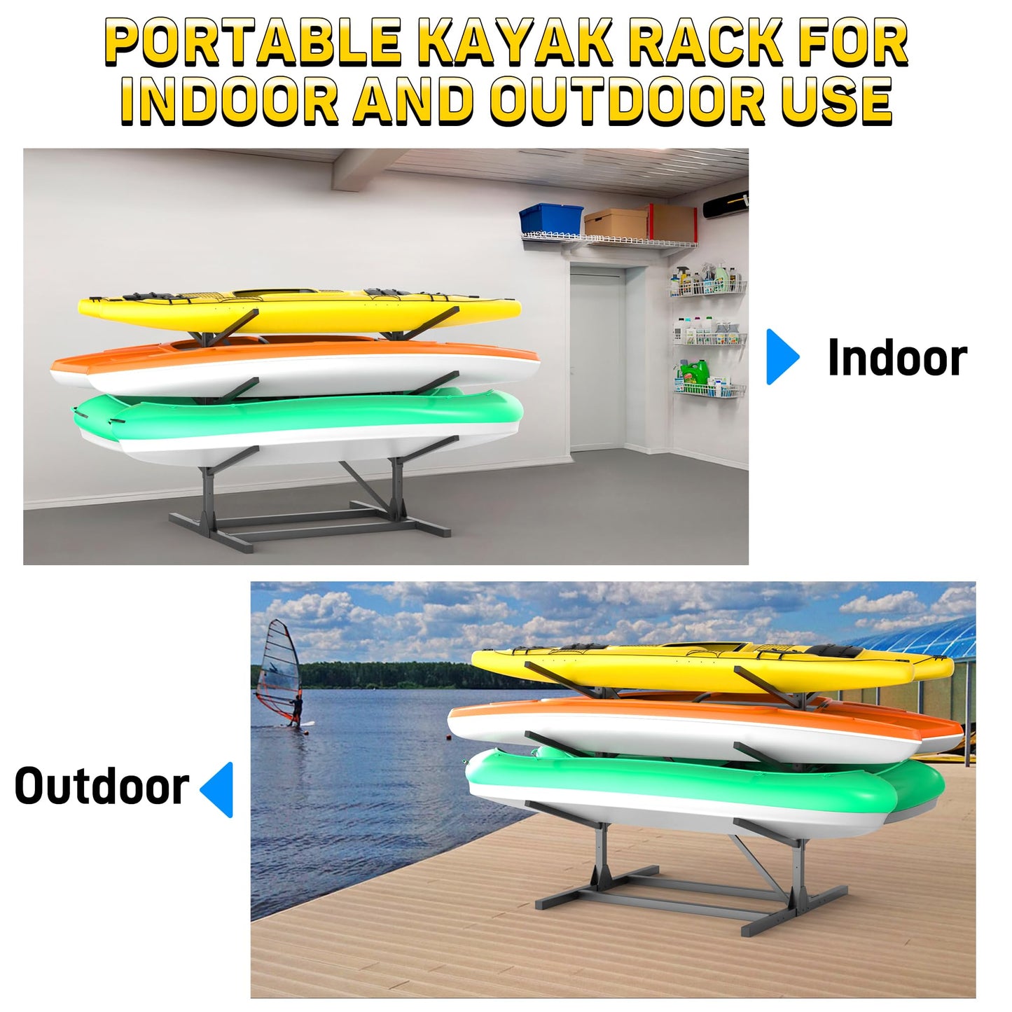 Ultrawall Kayak Storage Rack, Freestanding Kayak Racks For Garage, Adjustable Kayak Stand, Heavy Duty Paddle Board Rack For Kayak, Canoe, Surfboard, 660lbs Capacity, 3 Levels for 6 Kayaks