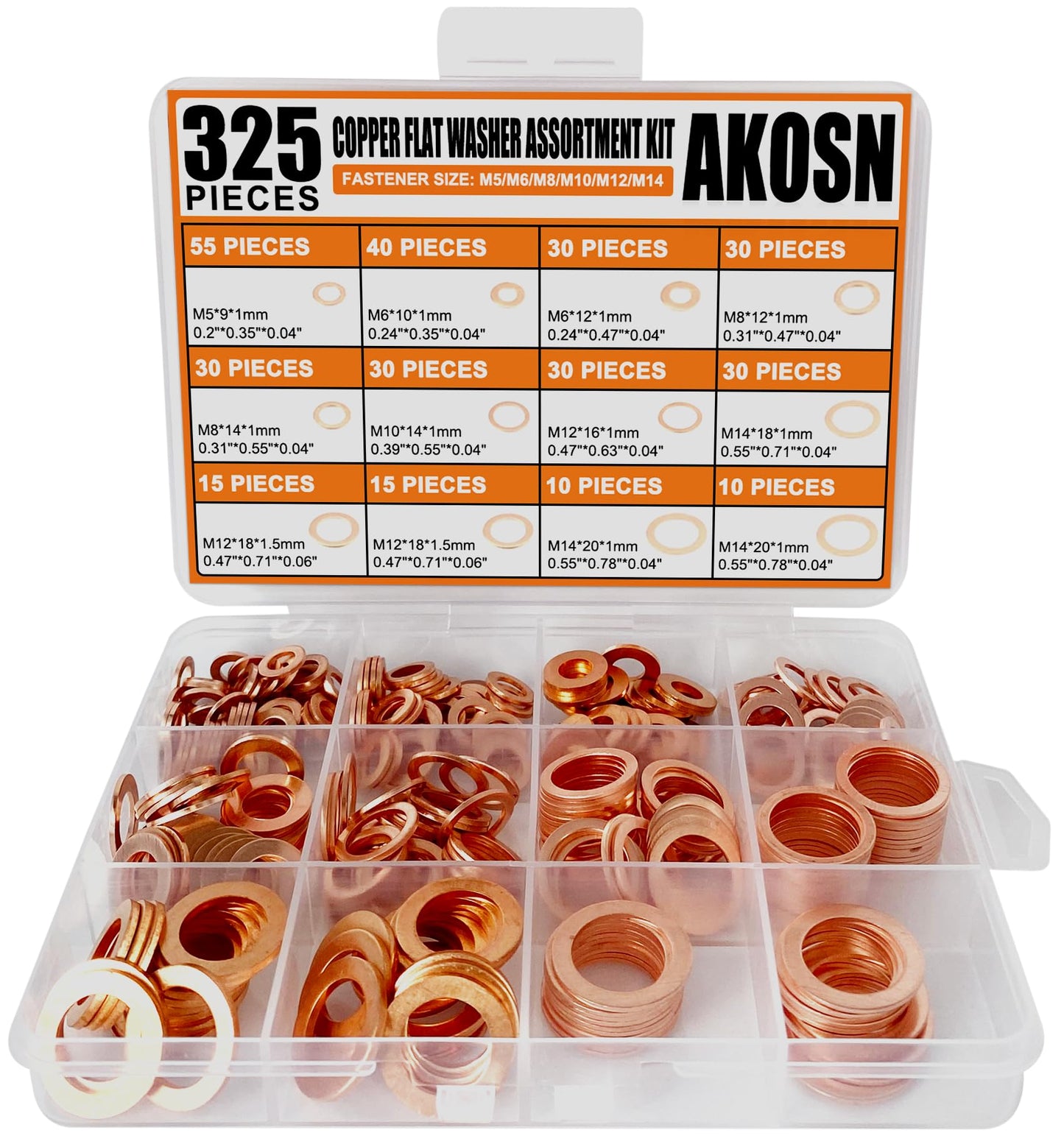 325 PCS, 10 Sizes, Premium Copper Metric Sealing Crush Washers Assortment Kit, Upgraded Flat Ring Oil Drain Plug Crush Washer Gasket Seal Assortment Set, Banjo Bolt Washer for Automotive, Motorcycles