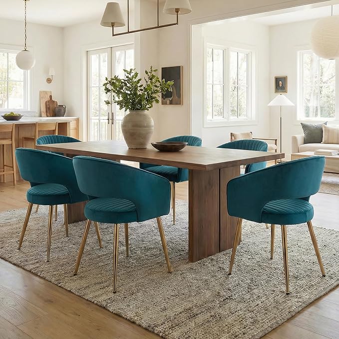 COMULER Teal Velvet Dining Chairs Gold Legs, Modern Dining Room Chairs with Arms Set of 6 Upholstered Accent Chair Armchair with Barrel Back for Kitchen Living Room
