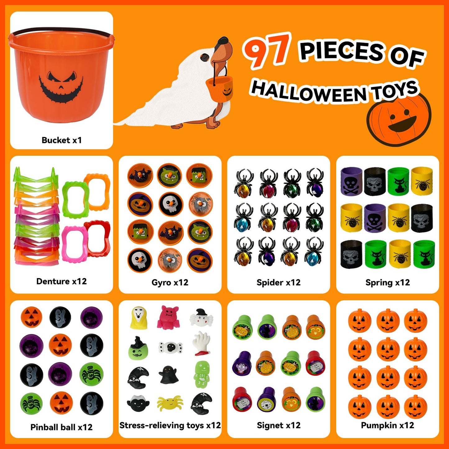 novelinks Halloween Party Favors for Kids 96PCS Halloween Toys in Bulk Halloween Prefilled Plastic Pumpkins Buckets Halloween Goodie Bag Fillers Treats Prizes Halloween Toys Gifts for Boy Girl Random