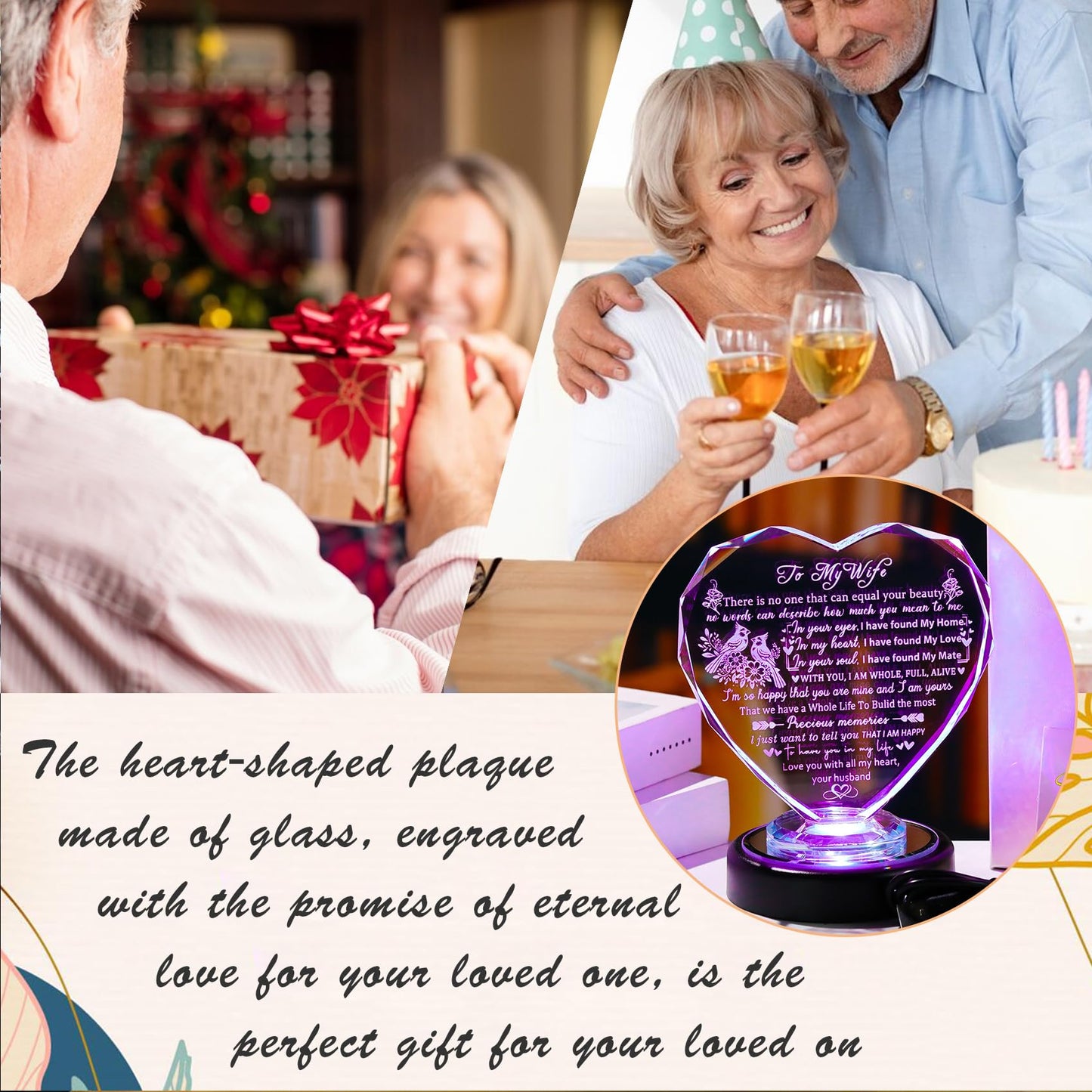 Gifts for Wife from Husband - Birthday Anniversary Romantic Presents for Her, Wife - to My Wife Glass Heart Keepsake with Colorful LED Base for Valentine's Day Mothers Day