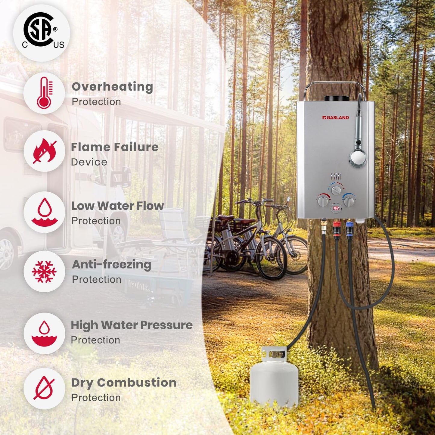 GASLAND Outdoors Propane Tankless Water Heater,1.58GPM 6L Portable Gas Water Heater, Overheating Protection, Easy to Install, Use for RV Cabin Barn Camping Boat, Silver