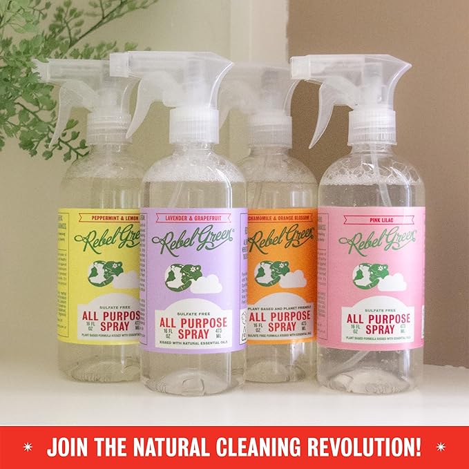 Rebel Green Natural All-Purpose Cleaning Spray - Plant-Based Multi-Surface Cleaner with Essential Oils for Kitchen, Bath, Countertops and More - Peppermint & Lemon Scent - 16 oz - 2 Pack