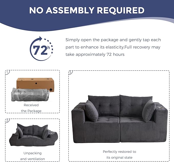 MAXYOYO Modular Sectional Sofa Couch, Loveseat Boneless Cloud Couch for Living Room, Sofa in A Box, Tufted Upholstered Cozy Chair with Cup Holders, No Assembly Required, Grey