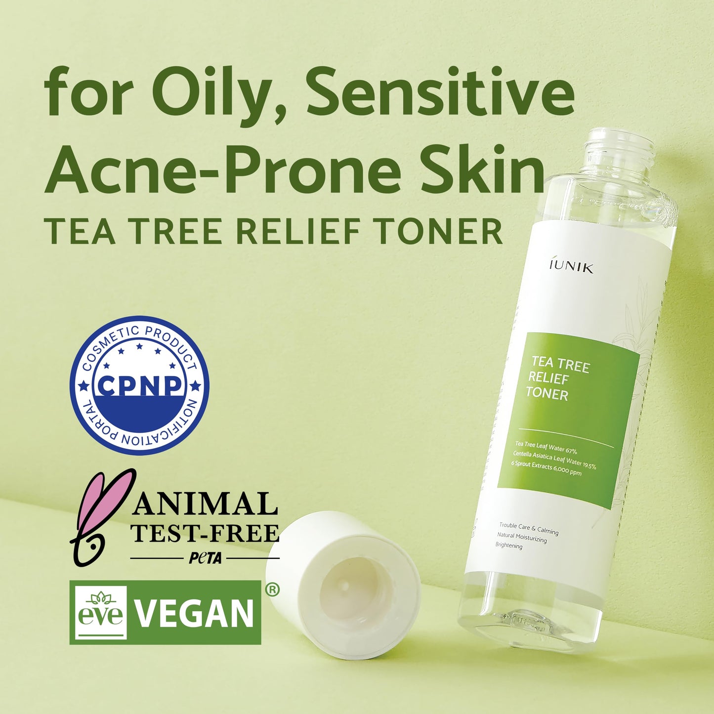 IUNIK Tea Tree Relief Vegan Face Toner - Facial Moisturizer Acne-Prone Irritated Skin w Tea Tree 67% Centella Asiatica 19.5% 6.7