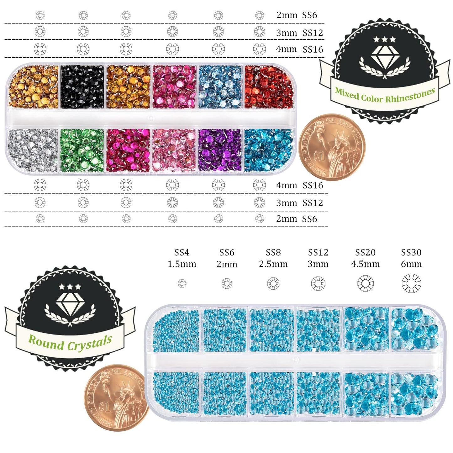 Two Packs of Flatback Rhinestones 4520 Pcs Colorful Nail Art Rhinestones Flatback Crystal Colorful+Lake Blue Rhinestone with Pic