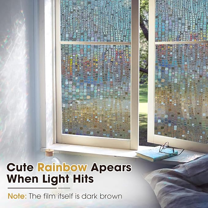 Windimiley Rainbow Window Privacy Film, 3D Stained Glass Christmas Decorative Window Clings, UV Heat Blocking Holographic Prism Stickers for Home (23.6 x 157.5In,Brown)