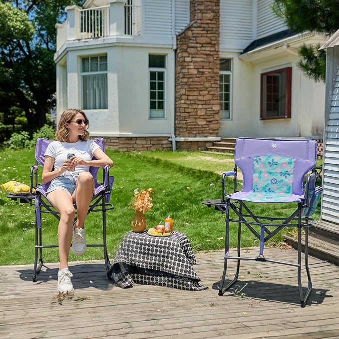 EVER ADVANCED Portable 30.7" Seat Height Tall Folding Chair Directors Chair High Foldable Bar Stool with Side Table for Makeup Artist, Camping, Sports Event, Craft Show, Supports 350LBS Purple