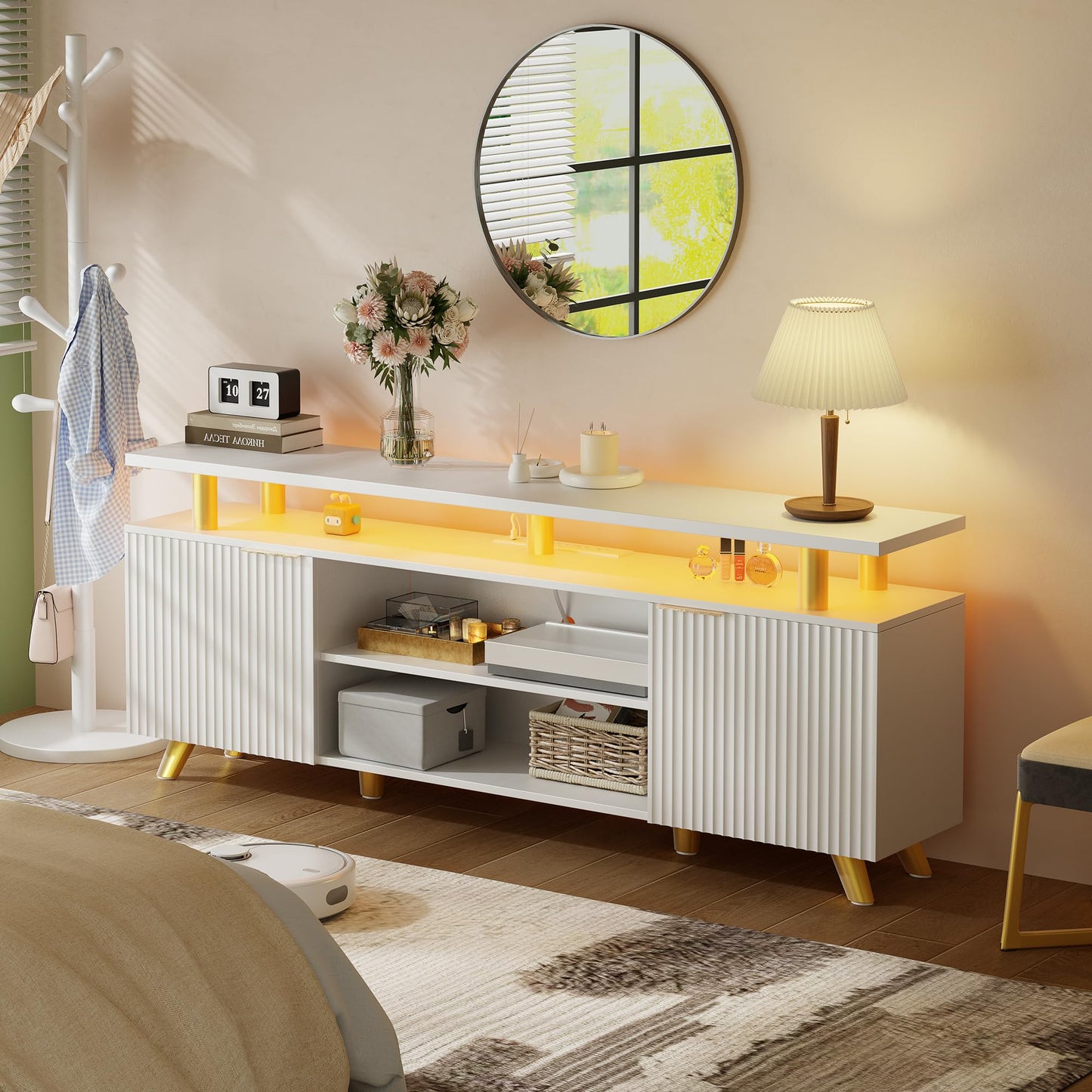 Lulive Luxury Fluted TV Stand for 60/65/70 Inch TV with Power Outlet & LED Light, Modern Entertainment Center with Fluted Panel Design, Modern TV Console Table for Living Room & Bedroom, White