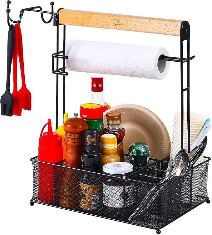 VIKEYHOME Grill Caddy, Picnic BBQ Organizer for Camping Outdoor Mesh Basket with 3 Hanging Hooks and Paper Towel Holder, I...