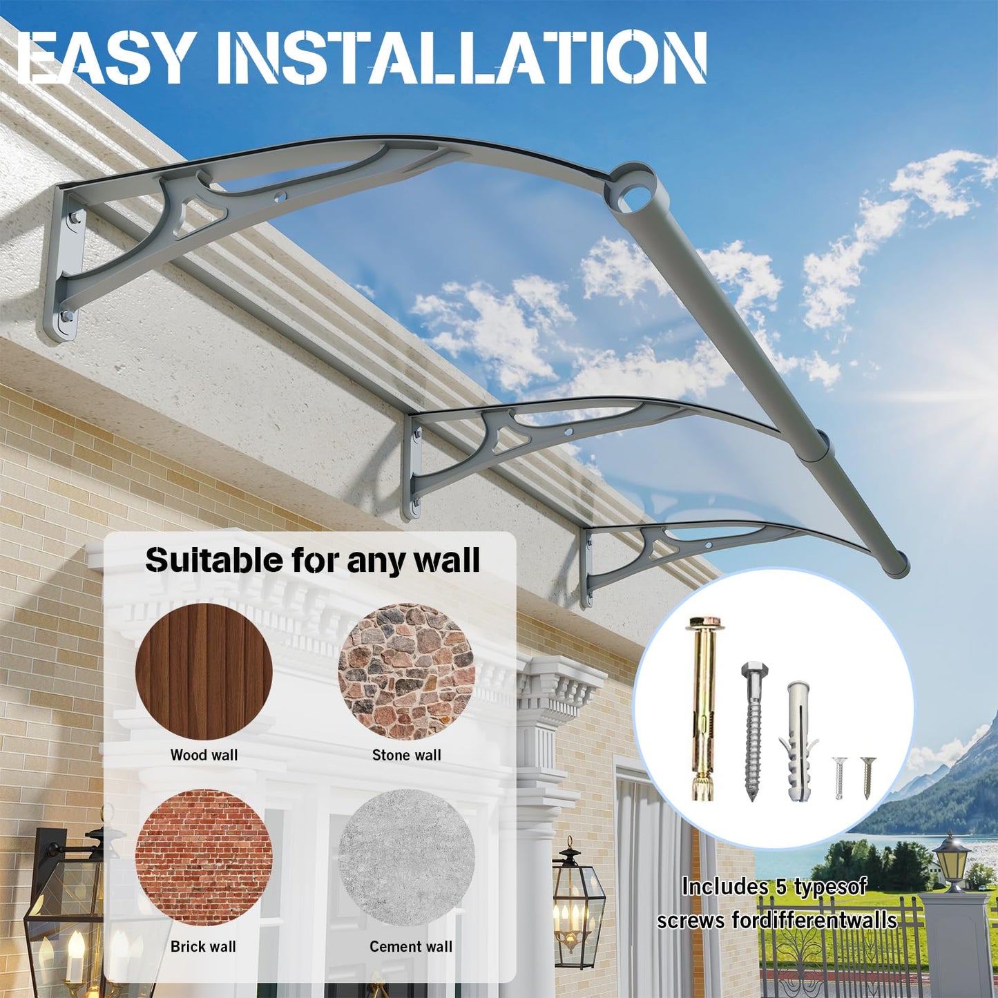 Awning for Door Entrance,40x60 Inch Awnings for Doors with Drainage Sink,Window Canopy Exterior with Aluminum Alloy Bracket,Solid Polycarbonate Cover,UV,Rain,Snow Protection for House,Porch,Patio,Deck
