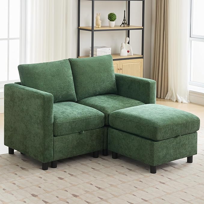 WUTUTUEE 58”Modular Sectional Loveseat Sofa with Storage, Comfy Office L Shaped Sofa Couch, Chenille Love Seat Modular Sectional Couch with Movable Ottoman for Living Room, Bedroom, Dark Green