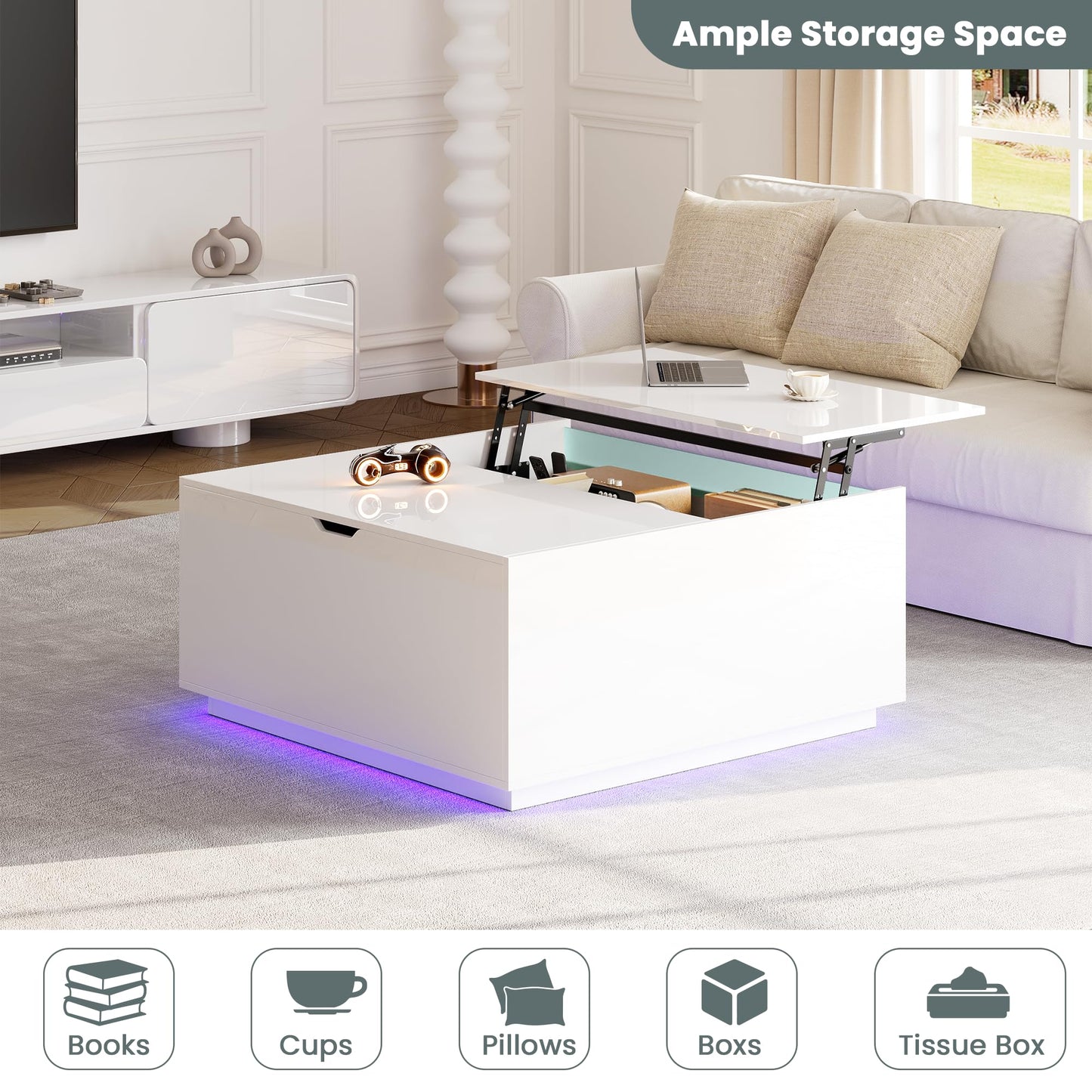 High Gloss Coffee Table with Storage,White Square Lift Top Coffee Tables with LED & Flip Lid, Small Modern Coffee Table for Living Room with Drawer