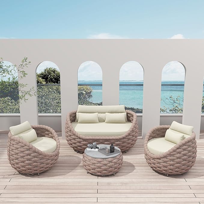 ercimi Outdoor 4 PCS Patio Conversation Set, All-Weather Wicker Patio Couch Sofa with Waterproof Thick Cushion Coffee Table for Porch, Balcony Mocha