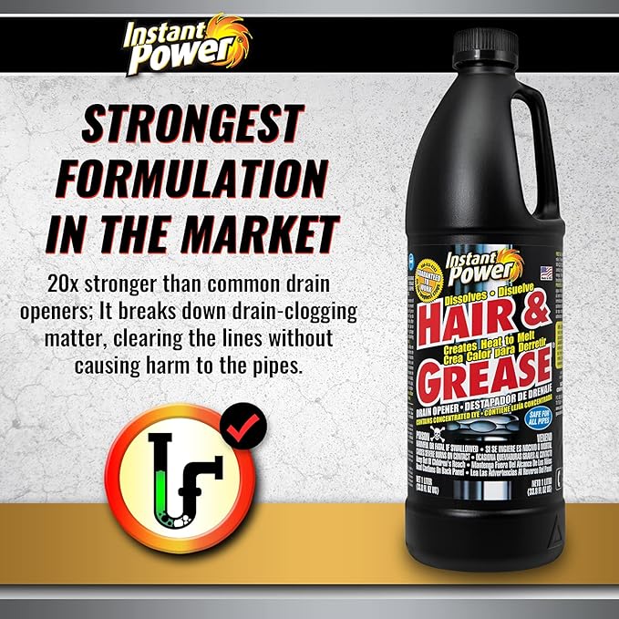 Instant Power Hair and Grease Drain Cleaner - Shower Drain & Sink Cleaner, Liquid Clog Remover, Made in USA, Sink Deodorizer - 1 Liter