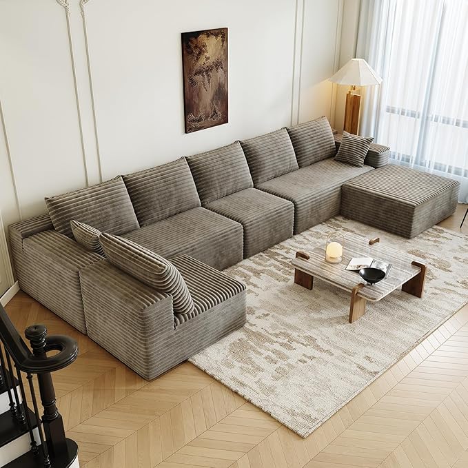139.4" Modular Sectional Sofa, Oversized U-Shaped Minimalist Couches with 2 Middle Seats and 1 Ottoman Chaise, Modern Deep Seat Convertible Sleeper Sofa, Cloud Plush Corduroy Fabric,7 Seater, Camel