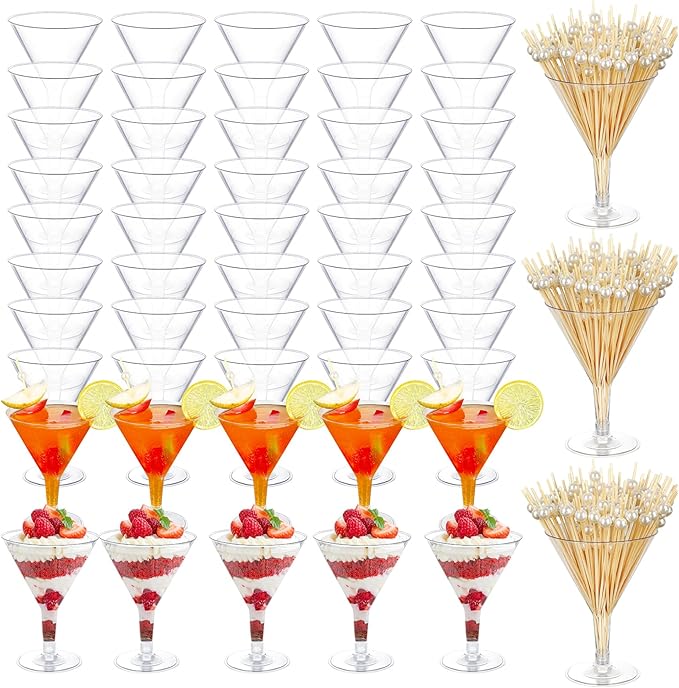 KesaPlan 50 Pack Plastic Martini Glasses Disposable Cocktail Glasses 6.5 oz with Cocktail sticks, Ice Cream Dessert Cups f...
