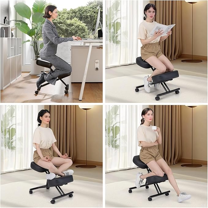 Goplus Kneeling Chair, Upholstered Mobile Desk Chair w/Adjustable Height, Thickened Sponge Cushion, 4 Lockable Universal Wheels, Office Home Padded Stool with Angled Seat, Black (1)