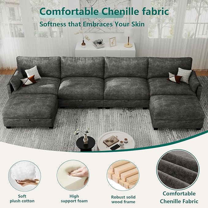 OhaiAura Modular Sectional U Shaped Sofa Couches for Living Room, Cloud Couch with Storage Ottoman, Comfy Chenille Sofa with Pillow, Dark Gray